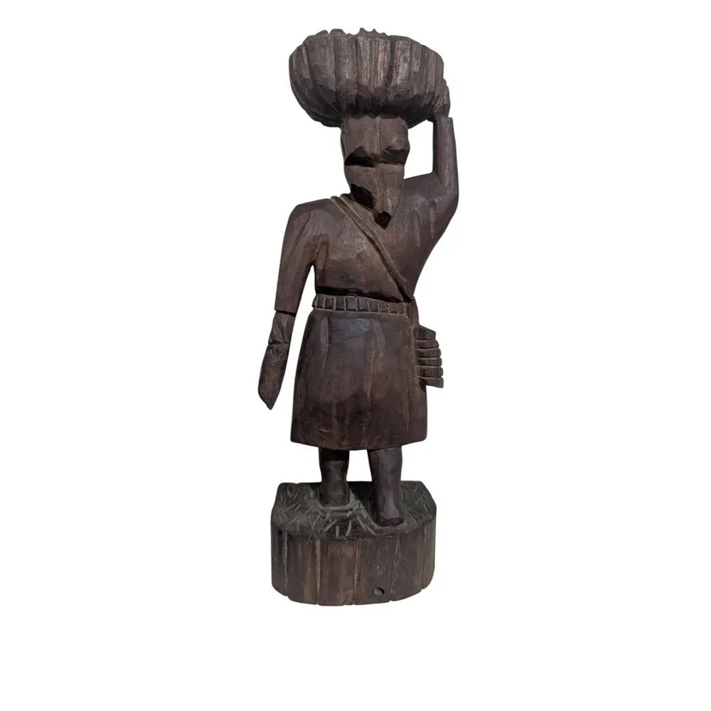 Vintage 1960s Hand Carved‎ Gum Wood Statue Market Woman Basket Head Folk Art